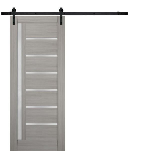 Sturdy Barn Door Frosted Glass | Quadro 4088 Grey Ash | 6.6FT Rail Hangers Heavy Hardware Set | Solid Panel Interior Doors-18" x 80"-Black Rail