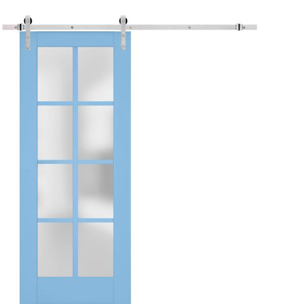 Sturdy Barn Door Frosted Glass | Veregio 7412 Aquamarine | 6.6FT Silver Rail Hangers Heavy Hardware Set | Solid Panel Interior Doors