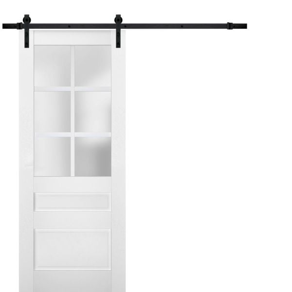 Sturdy Barn Door Frosted Glass | Veregio 7339 White Silk | 6.6FT Rail Hangers Heavy Hardware Set | Solid Panel Interior Doors
