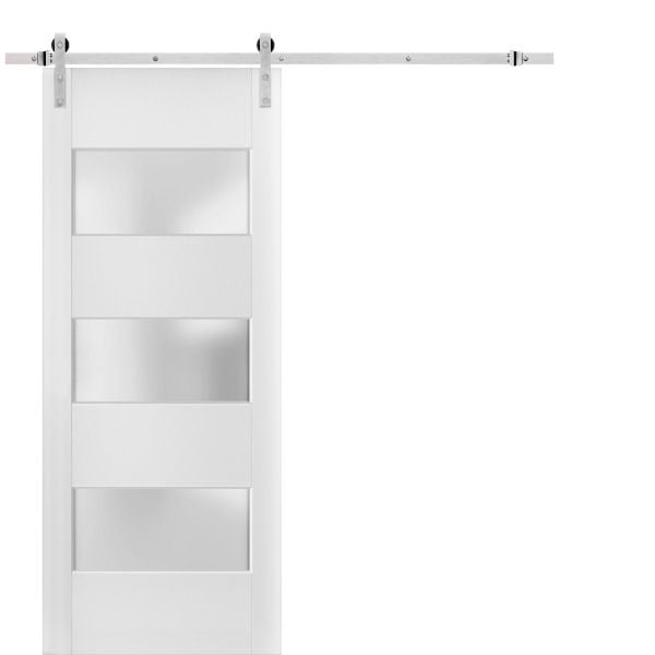 Sturdy Barn Door 3 Lites with Hardware | Lucia 4070 White Silk with Frosted Glass | Stainless Steel 6.6FT Rail Hangers Heavy Set | Solid Panel Interior Doors