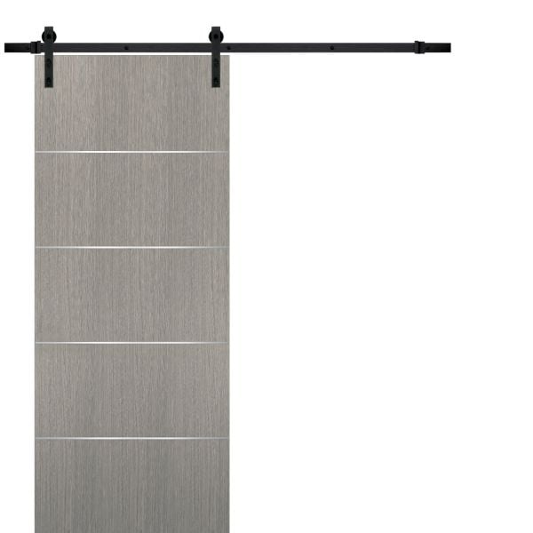 Sliding Barn Door with Hardware | Planum 0020 Grey Oak | 6.6FT Rail Hangers Sturdy Set | Modern Solid Panel Interior Doors-18" x 80"-Black Rail