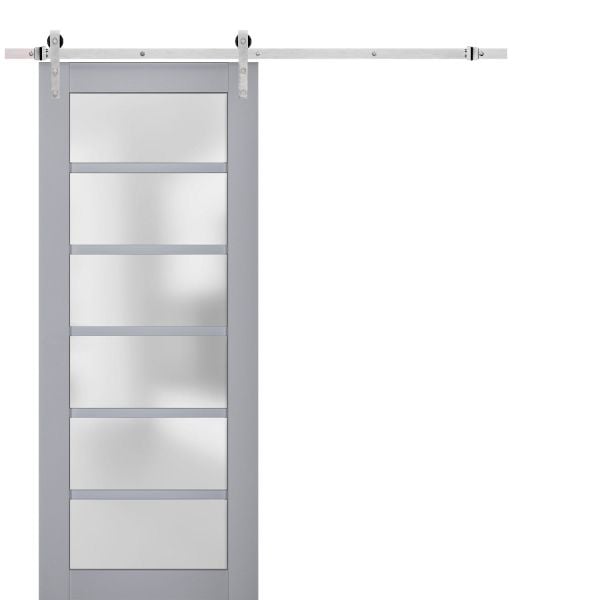 Sturdy Barn Door | Veregio 7602 Matte Grey with Frosted Glass | 6.6FT Silver Rail Hangers Heavy Hardware Set | Solid Panel Interior Doors
