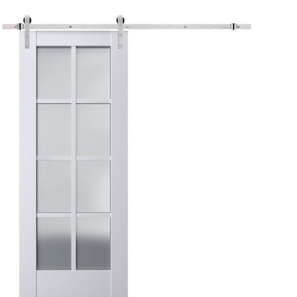Sturdy Barn Door Frosted Glass | Veregio 7412 White Silk | 6.6FT Silver Rail Hangers Heavy Hardware Set | Solid Panel Interior Doors
