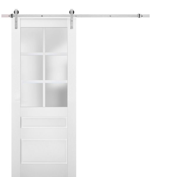 Sturdy Barn Door Frosted Glass | Veregio 7339 White Silk | 6.6FT Silver Rail Hangers Heavy Hardware Set | Solid Panel Interior Doors