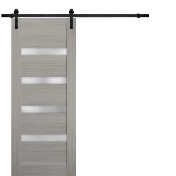 Sturdy Barn Door | Quadro 4113 Grey Ash with Frosted Glass | 6.6FT Rail Hangers Heavy Hardware Set | Solid Panel Interior Doors-18" x 80"-Black Rail