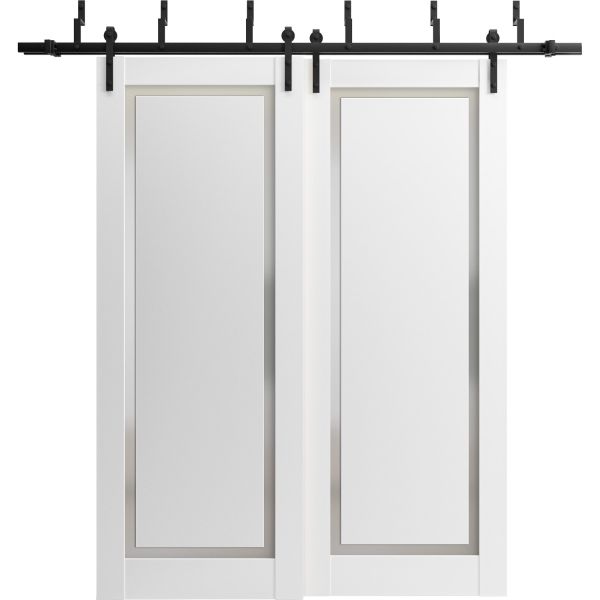 Barn Bypass Doors with 6.6ft Hardware | Planum 0888 Painted White with Frosted Glass | Sturdy Heavy Duty Rails Kit Steel Set | Double Sliding Door