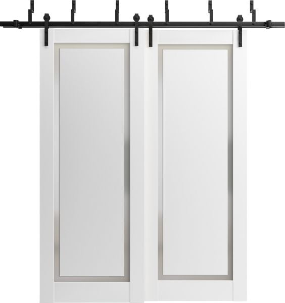 Barn Bypass Doors with 6.6ft Hardware | Planum 0888 Painted White with Frosted Glass | Sturdy Heavy Duty Rails Kit Steel Set | Double Sliding Door-36" x 80" (2* 18x80)
