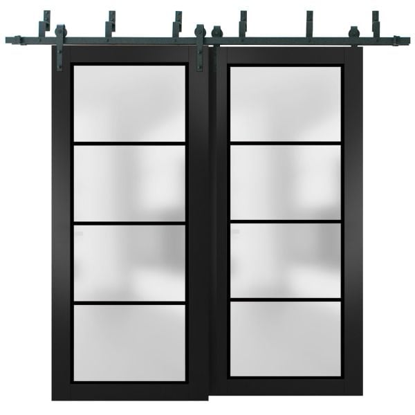 Sliding Closet Barn Bypass Doors with Hardware | Planum 2132 Matte Black with Frosted Glass | Sturdy 6.6ft Rails Hardware Set | Modern Wood Solid Bedroom Wardrobe Doors 
