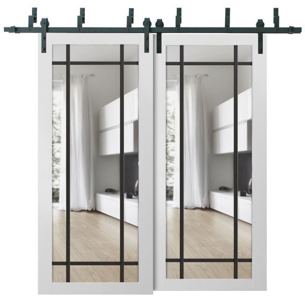 Sliding Closet Barn Bypass Doors | Lucia 2266 White Silk with Clear Glass | Sturdy 6.6ft Rails Hardware Set | Wood Solid Bedroom Wardrobe Doors