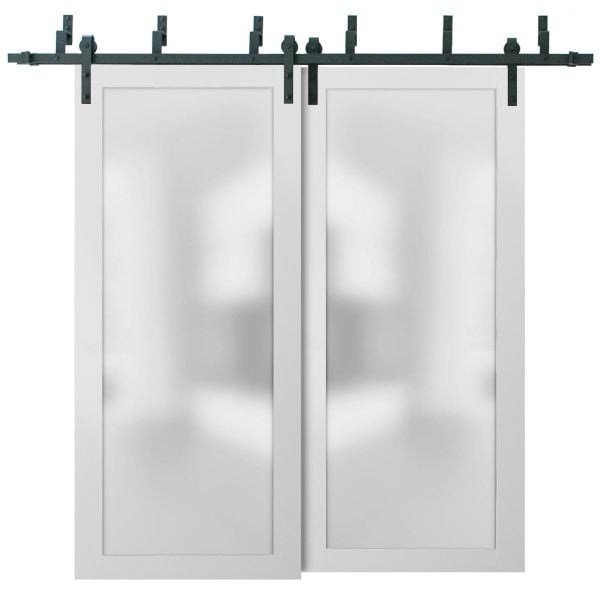 Sliding Closet Frosted Glass Barn Bypass Doors with Hardware | Planum 2102 White Silk | Sturdy 6.6ft Rails Hardware Set | Modern Wood Solid Bedroom Wardrobe Doors 