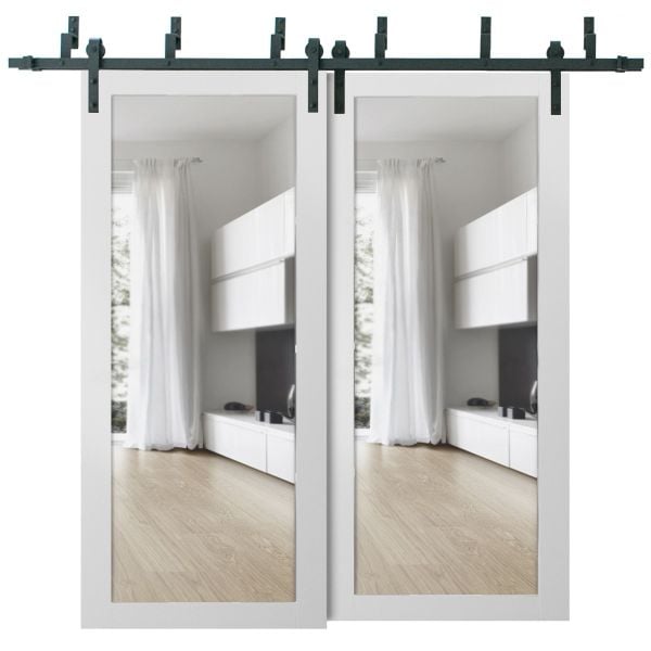Sliding Closet Clear Glass Barn Bypass Doors | Lucia 2166 White Silk | Sturdy 6.6ft Rails Hardware Set | Wood Solid Bedroom Wardrobe Doors -36" x 80" (2* 18x80)-Clear Glass