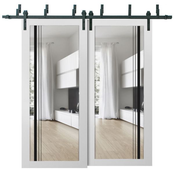 Sliding Closet Clear Glass Barn Bypass Doors | Lucia 2566 White Silk | Sturdy 6.6ft Rails Hardware Set | Wood Solid Bedroom Wardrobe Doors -36" x 80" (2* 18x80)-Clear Glass
