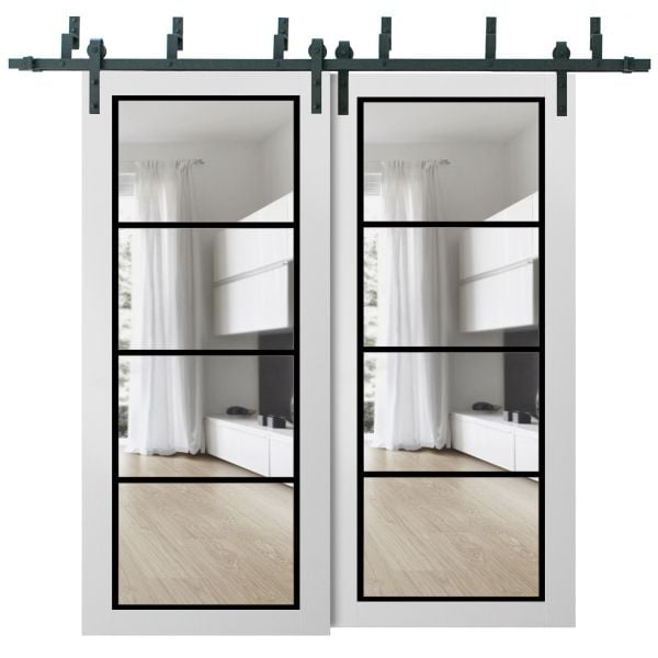 Sliding Closet Barn Bypass Doors | Lucia 2466 White Silk with Clear Glass | Sturdy 6.6ft Rails Hardware Set | Wood Solid Bedroom Wardrobe Doors