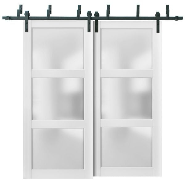Barn Bypass Doors with 6.6ft Hardware | Lucia 2552 White Silk with Frosted Glass | Sturdy Heavy Duty Rails Kit Steel Set | Double Sliding Lite Panel Door