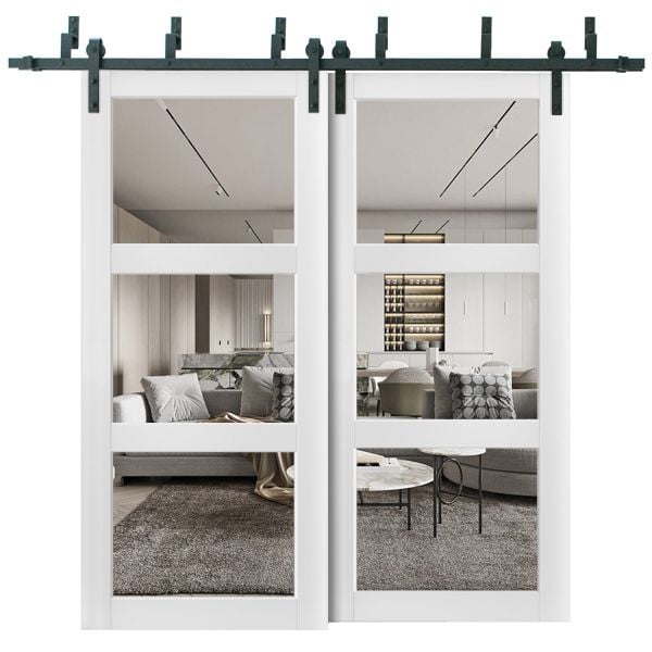Sliding Closet 3 Lites Barn Bypass Doors | Lucia 2555 White Silk with Clear Glass | Sturdy 6.6ft Rails Hardware Set | Wood Solid Bedroom Wardrobe Doors