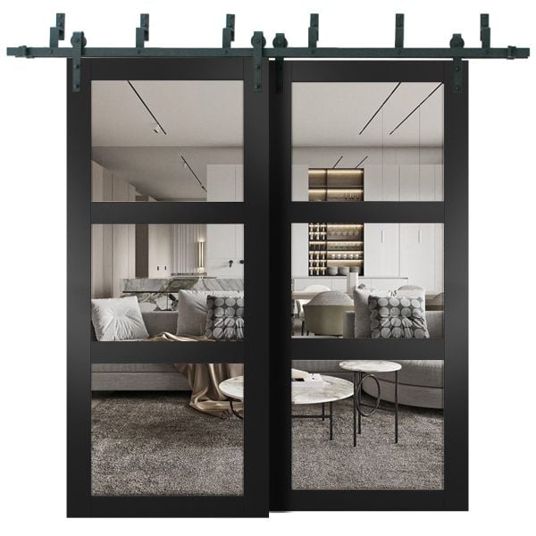 Sliding Closet Barn Bypass Doors | Lucia 2555 Matte Black with Clear Glass | Sturdy 6.6ft Rails Hardware Set | Wood Solid Bedroom Wardrobe Doors 