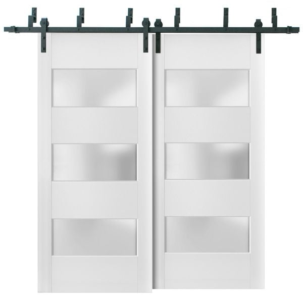 Sliding Closet Frosted Glass 3 Lites Barn Bypass Doors 36 x 80 inches | Lucia 4070 White Silk | Sturdy 6.6ft Rails Hardware Set | Wood Solid Bedroom Wardrobe Doors 