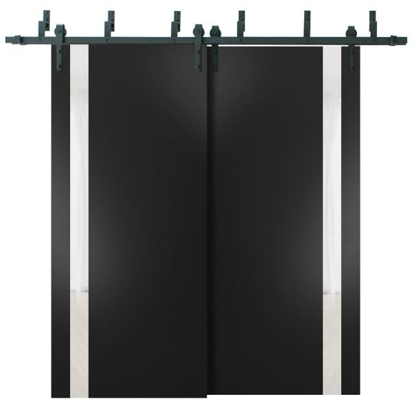 Sliding Closet Barn Bypass Doors 36 x 80 inches | Planum 0040 Matte Black with White Glass | Sturdy 6.6ft Rails Hardware Set | Wood Solid Bedroom Wardrobe Doors 
