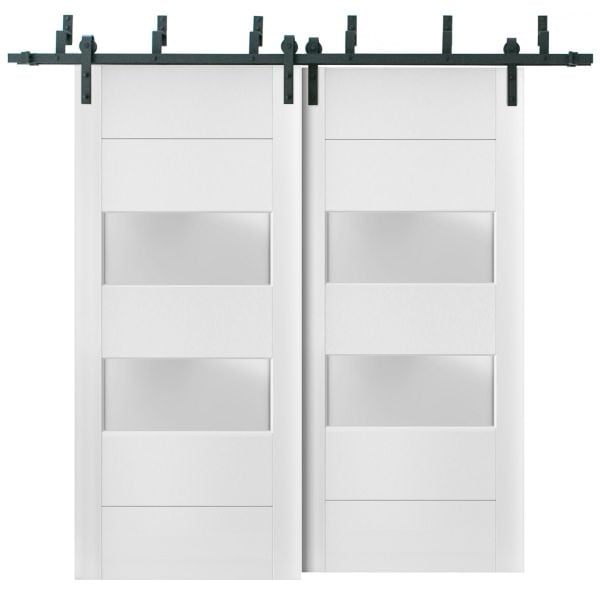 Sliding Closet Frosted Glass 2 lites Barn Bypass Doors 36 x 80 inches | Lucia 4010 White Silk | Sturdy 6.6ft Rails Hardware Set | Wood Solid Bedroom Wardrobe Doors 