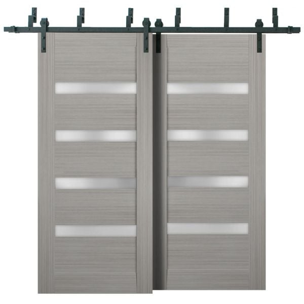 Sliding Closet Barn Bypass Doors | Quadro 4113 Grey Ash with Frosted Glass | Sturdy 6.6ft Rails Hardware Set | Wood Solid Bedroom Wardrobe Doors 