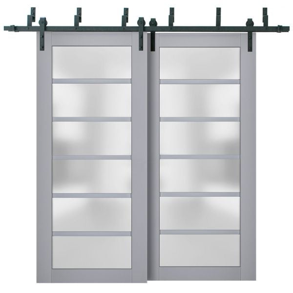 Sliding Closet Barn Bypass Doors | Veregio 7602 Matte Grey with Frosted Glass | Sturdy 6.6ft Rails Hardware Set | Wood Solid Bedroom Wardrobe Doors 