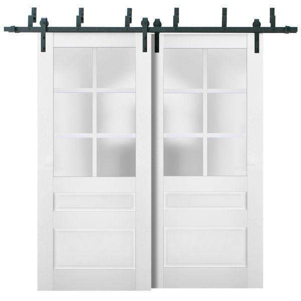 Sliding Closet Barn Bypass Doors with Frosted Glass | Veregio 7339 White Silk | Sturdy 6.6ft Rails Hardware Set | Wood Solid Bedroom Wardrobe Doors 