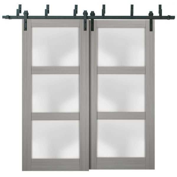 Sliding Closet Barn Bypass Doors with Frosted Glass | Lucia 2552 Gray Ash | Sturdy 6.6ft Rails Hardware Set | Wood Solid Bedroom Wardrobe Doors 