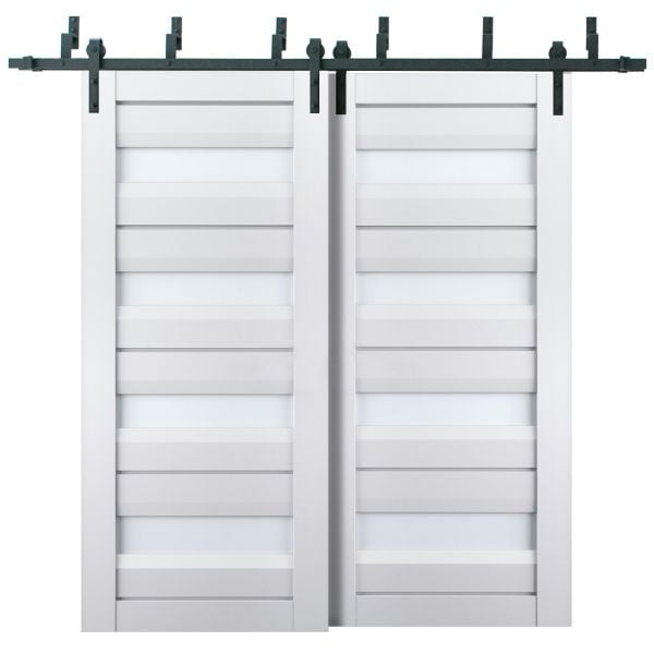 Sliding Closet Barn Bypass Doors with Frosted Glass | Veregio 7455 White Silk | Sturdy 6.6ft Rails Hardware Set | Wood Solid Bedroom Wardrobe Doors 