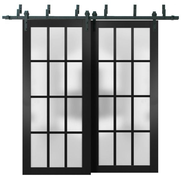 Sliding Closet 12 Lites Barn Bypass Doors | Felicia 3312 Matte Black with Frosted Glass | Sturdy 6.6ft Rails Hardware Set | Wood Solid Bedroom Wardrobe Doors 