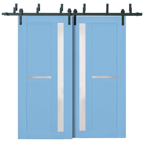 Sliding Closet Barn Bypass Doors with Frosted Glass | Veregio 7288 Aquamarine | Sturdy 6.6ft Rails Hardware Set | Wood Solid Bedroom Wardrobe Doors 