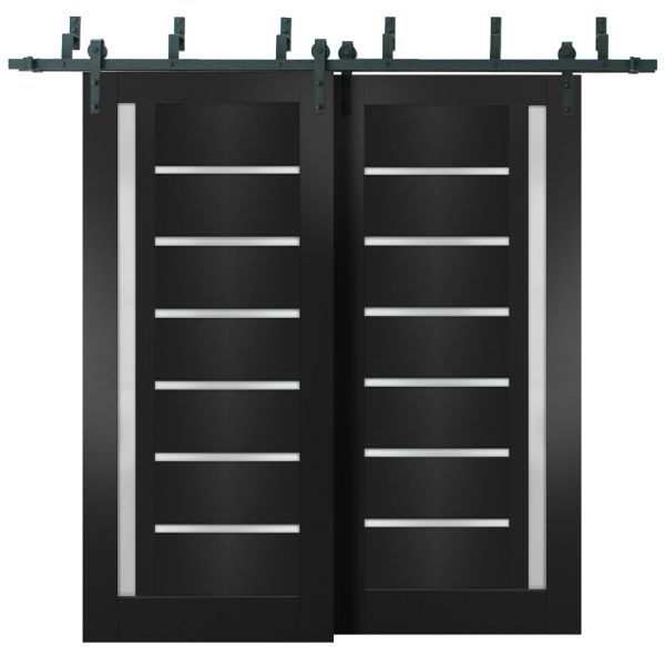 Sliding Closet Barn Bypass Doors 36 x 80 inches | Quadro 4088 Matte Black with Frosted Glass | Sturdy 6.6ft Rails Hardware Set | Wood Solid Bedroom Wardrobe Doors 