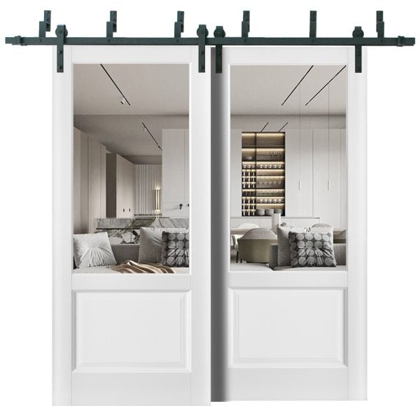 Sliding Closet Barn Bypass Doors | Lucia 1533 White Silk with Clear Glass | Sturdy 6.6ft Rails Hardware Set | Wood Solid Bedroom Wardrobe Doors -36" x 80" (2* 18x80)-Clear Glass