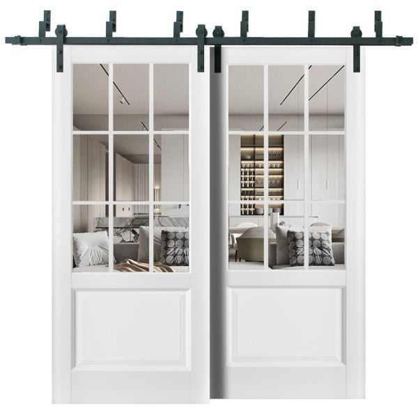 Sliding Closet Barn Bypass Doors | Felicia 3599 White Silk with Clear Glass | Sturdy 6.6ft Rails Hardware Set | Wood Solid Bedroom Wardrobe Doors -36" x 80" (2* 18x80)-Clear Glass