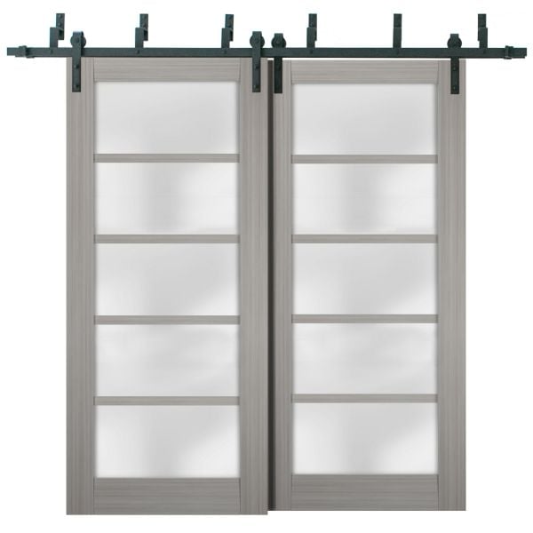 Sliding Closet Frosted Glass Barn Bypass Doors | Quadro 4002 Grey Ash| Sturdy 6.6ft Rails Hardware Set | Wood Solid Bedroom Wardrobe Doors 