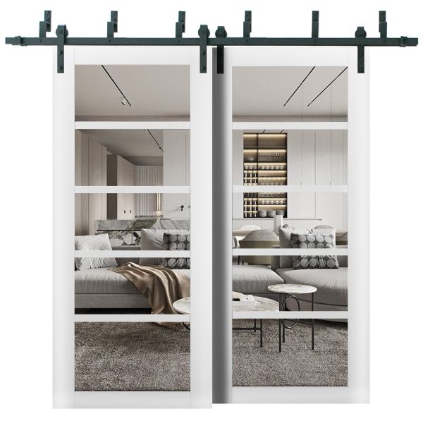 Sliding Closet Barn Bypass Doors | Quadro 4522 White Silk with Clear Glass | Sturdy 6.6ft Rails Hardware Set | Wood Solid Bedroom Wardrobe Doors -36" x 80" (2* 18x80)-Clear Glass