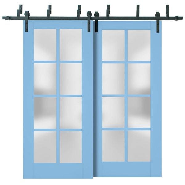 Sliding Closet Barn Bypass Doors with Frosted Glass | Veregio 7412 Aquamarine | Sturdy 6.6ft Rails Hardware Set | Wood Solid Bedroom Wardrobe Doors 