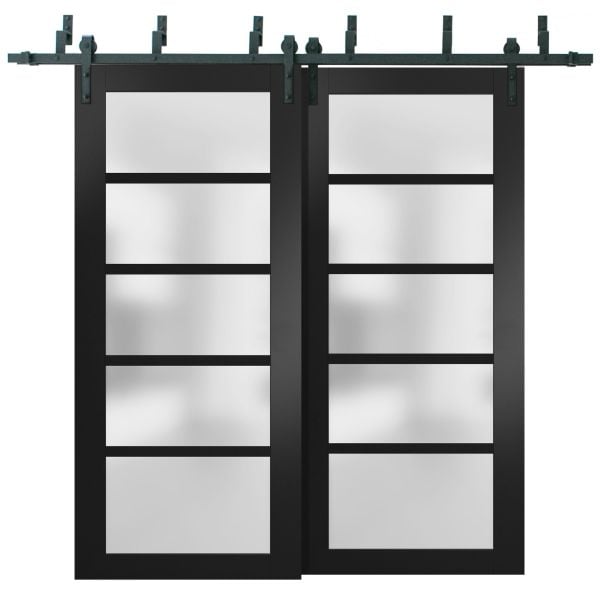 Sliding Closet Frosted Glass Barn Bypass Doors | Quadro 4002 Black Matte | Sturdy 6.6ft Rails Hardware Set | Wood Solid Bedroom Wardrobe Doors 