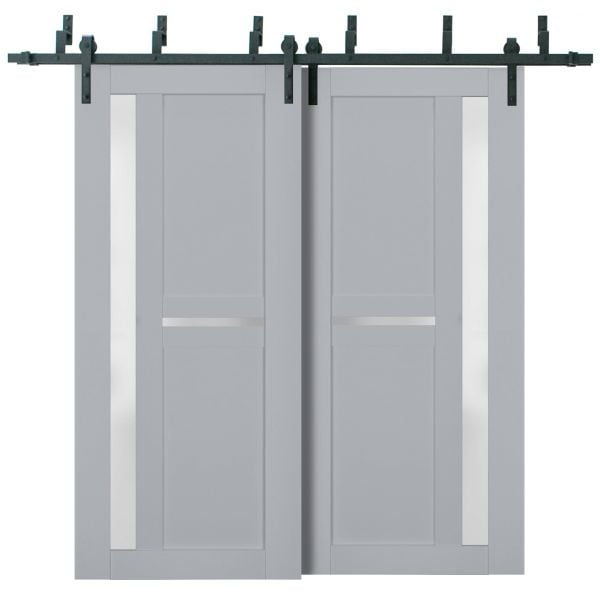 Sliding Closet Barn Bypass Doors with Frosted Glass | Veregio 7288 Matte Grey | Sturdy 6.6ft Rails Hardware Set | Wood Solid Bedroom Wardrobe Doors 