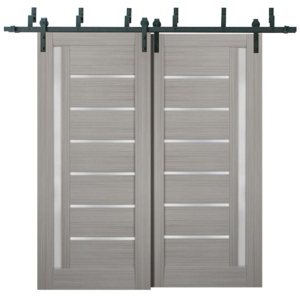 Sliding Closet Barn Bypass Doors | Quadro 4088 Grey Ash with Frosted Glass | Sturdy 6.6ft Rails Hardware Set | Wood Solid Bedroom Wardrobe Doors 