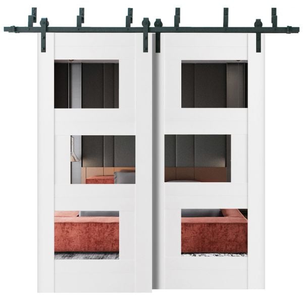 Sliding Closet Barn Bypass Doors / Sete 6999 White Silk with Mirror / Modern 6.6ft Rails Hardware Set / Wood Solid Bedroom Wardrobe Doors-36" x 80" (2* 18x80)