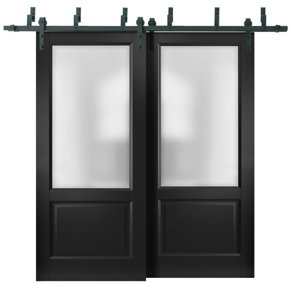 Sliding Closet Barn Bypass Doors 36 x 80 inches | Lucia 22 Matte Black with Rain Glass | Sturdy 6.6ft Rails Hardware Set | Wood Solid Bedroom Wardrobe Doors 