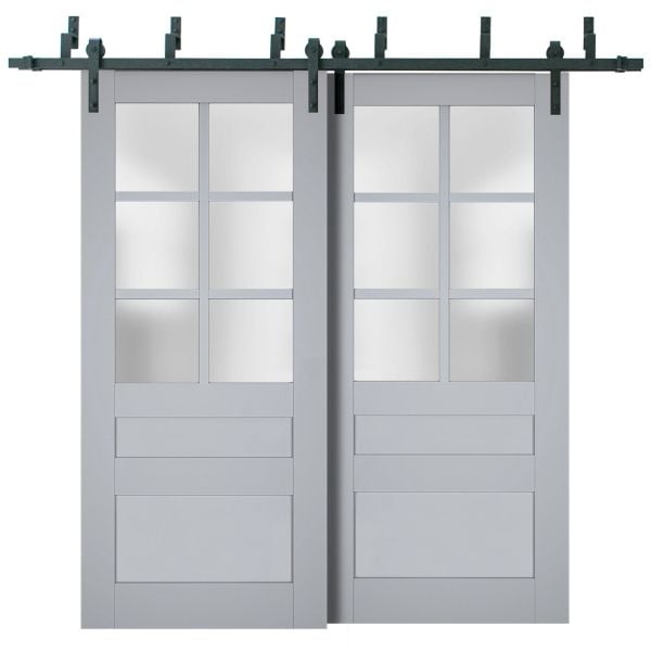 Sliding Closet Barn Bypass Doors with Frosted Glass | Veregio 7339 Matte Grey | Sturdy 6.6ft Rails Hardware Set | Wood Solid Bedroom Wardrobe Doors 