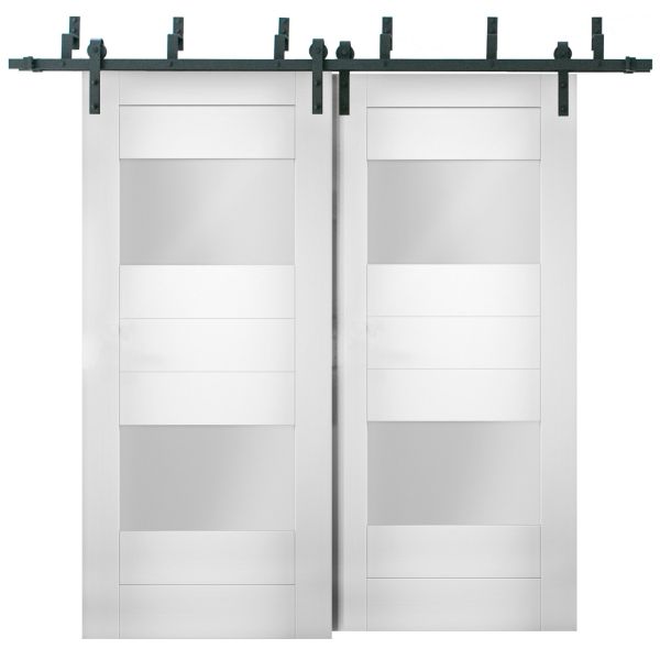 Sliding Closet Opaque Glass 2 Lites Barn Bypass Doors 36 x 80 inches / Sete 6222 White Silk / Modern 6.6ft Rails Hardware Set / Wood Solid Bedroom Wardrobe Doors 