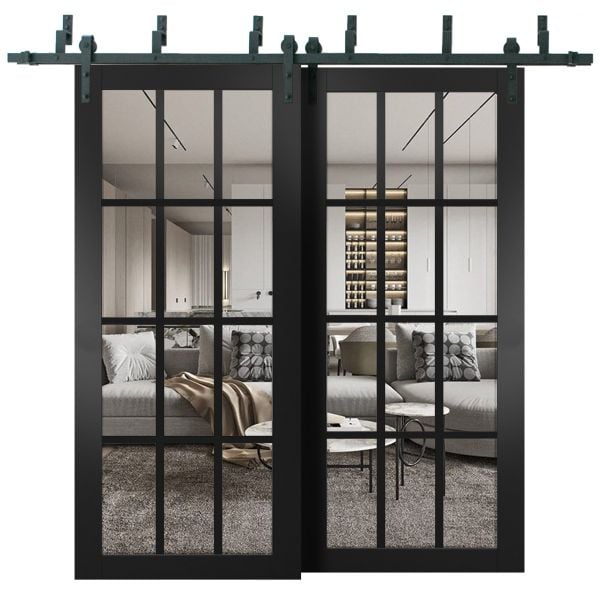 Sliding Closet Barn Bypass Doors | Felicia 3355 Matte Black with Clear Glass | Sturdy 6.6ft Rails Hardware Set | Wood Solid Bedroom Wardrobe Doors 