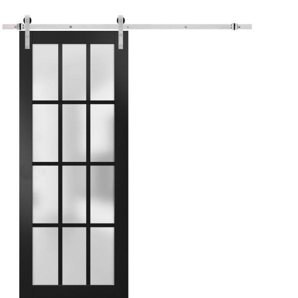 Sturdy Barn Door 12 lites | Felicia 3312 Matte Black with Frosted Glass | 6.6FT Silver Rail Hangers Heavy Hardware Set | Solid Panel Interior Doors