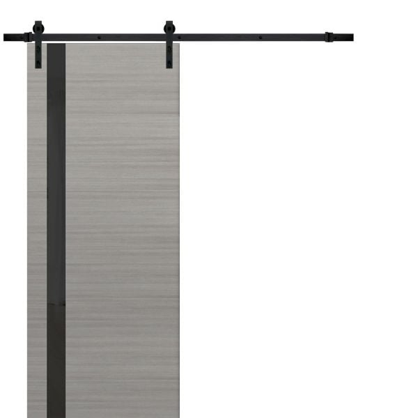 Sturdy Barn Door | Planum 0040 Grey Ash with Black Glass | 6.6FT Rail Hangers Heavy Hardware Set | Solid Panel Interior Doors