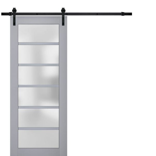 Sturdy Barn Door Frosted Glass | Veregio 7602 Matte Grey | 6.6FT Rail Hangers Heavy Hardware Set | Solid Panel Interior Doors