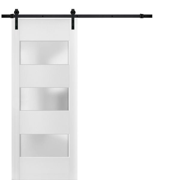 Sturdy Barn Door 18 x 80 inches Frosted Glass 3 Lites | Lucia 4070 White Silk | 6.6FT Rail Hangers Heavy Hardware Set | Solid Panel Interior Doors