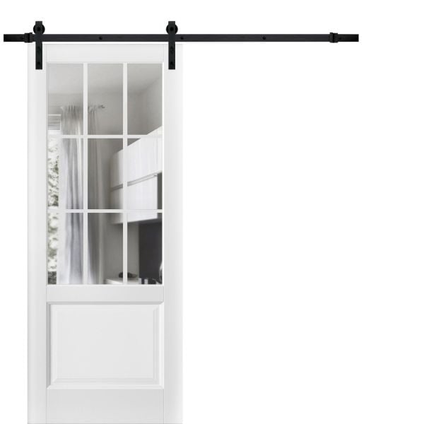 Sturdy Barn Door | Felicia 3599 White Silk with Clear Glass | 6.6FT Rail Hangers Heavy Hardware Set | Solid Panel Interior Doors-18" x 80"-Clear Glass-Black Rail