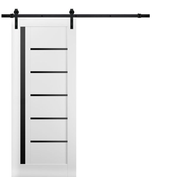 Sturdy Barn Door | Quadro 4588 White Silk with Black Glass | 6.6FT Rail Hangers Heavy Hardware Set | Solid Panel Interior Doors-18" x 80"-Black Glass-Black Rail